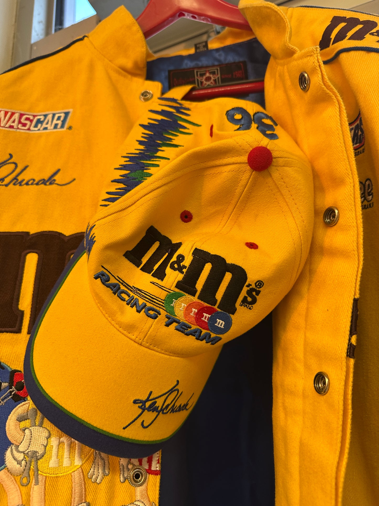 Vintage 1990s JH Design Nascar #38 Yellow & blue M&M Jacket Size Large w/ hat