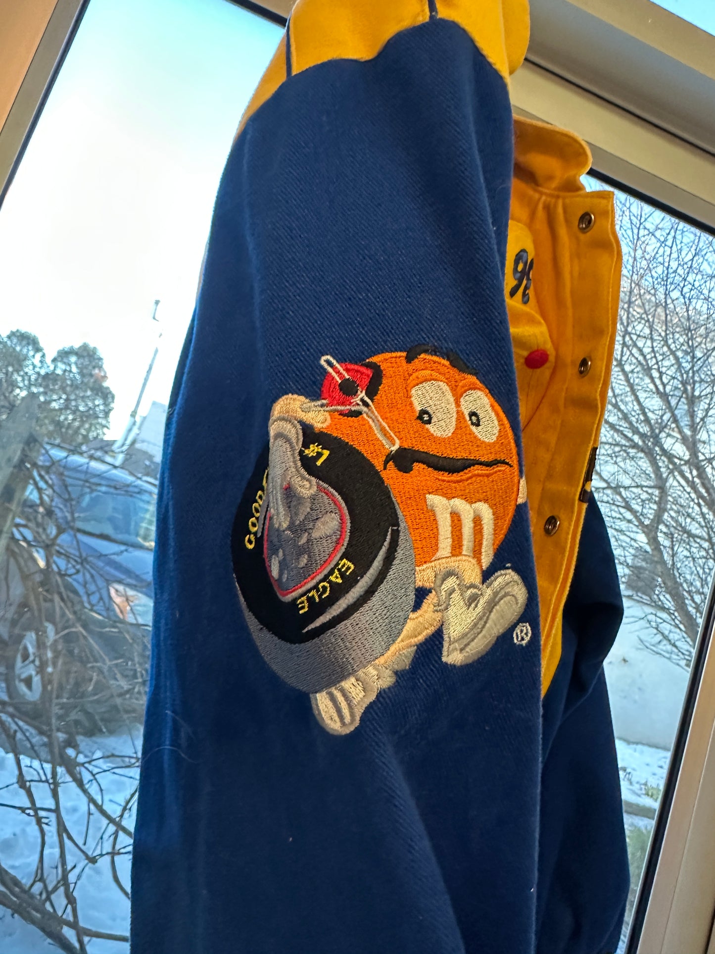 Vintage 1990s JH Design Nascar #38 Yellow & blue M&M Jacket Size Large w/ hat