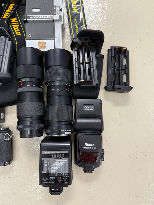 Nikon Film camera equipment lot lens, flash, caps, hood, strap