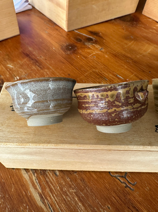 Vintage Takatori Yaki Japanese pottery Sake cup Miraku Kamei set of 5
