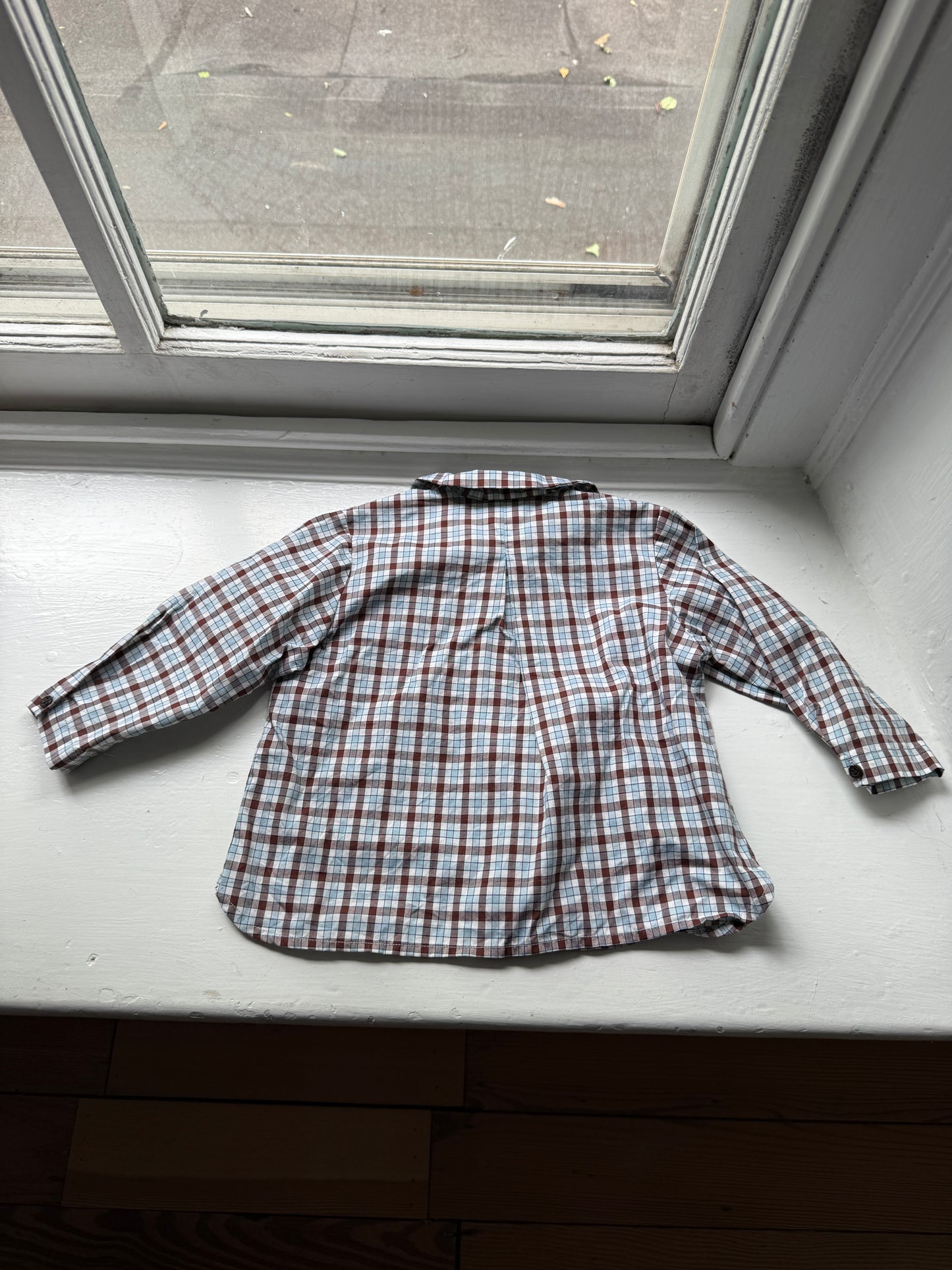 Bonpoint Unisex Baby Shirt Brown blue 12M 12 Months Long Sleeve Check Plaid