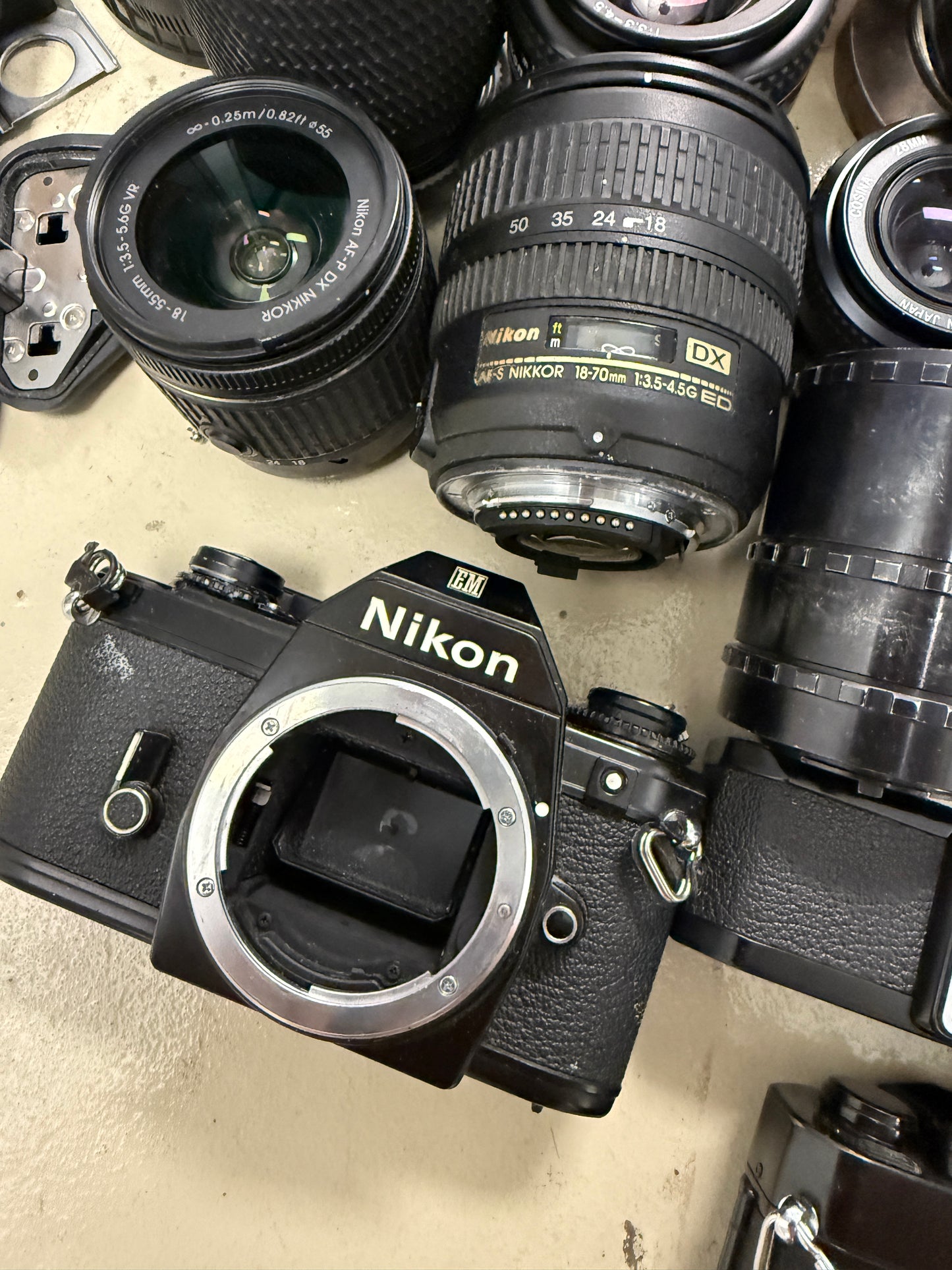 Nikon Film camera equipment lot lens, flash, caps, hood, strap