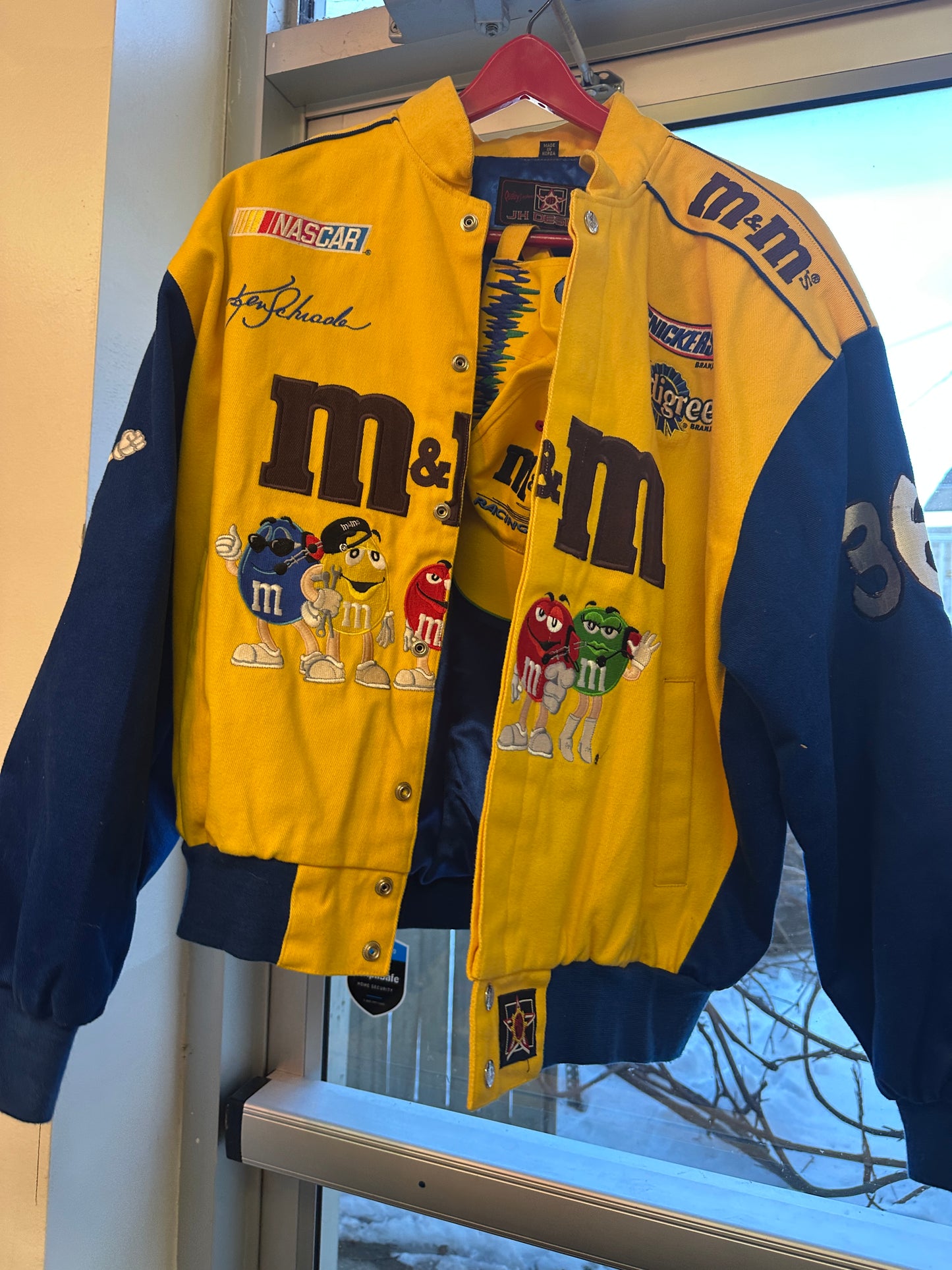 Vintage 1990s JH Design Nascar #38 Yellow & blue M&M Jacket Size Large w/ hat