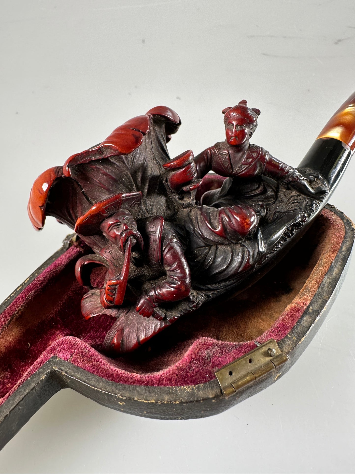 Meerschaum Handmade carved Asian, chinese Pipe red