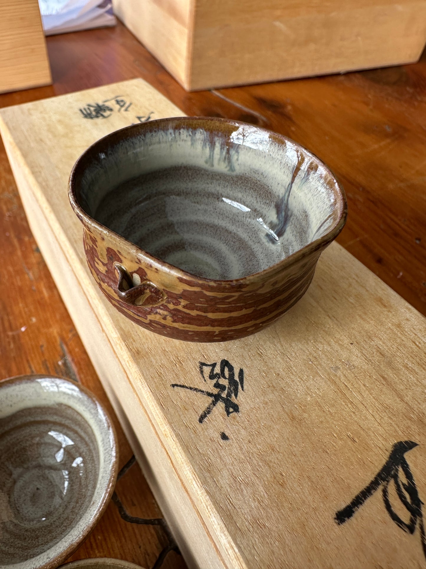 Vintage Takatori Yaki Japanese pottery Sake cup Miraku Kamei set of 5