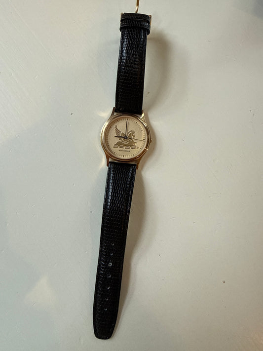 Wittnauer Pegasus Mens Dress Watch 33mm Gold Tone Dial Black Leather
