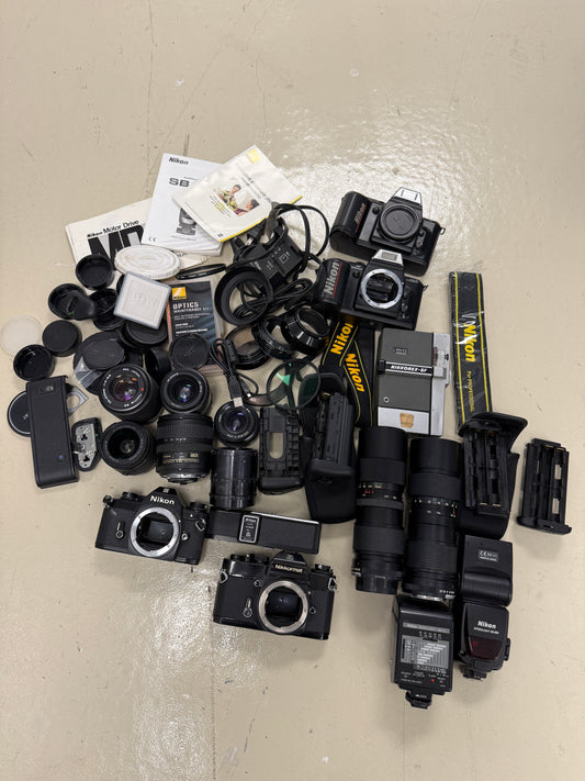Nikon Film camera equipment lot lens, flash, caps, hood, strap