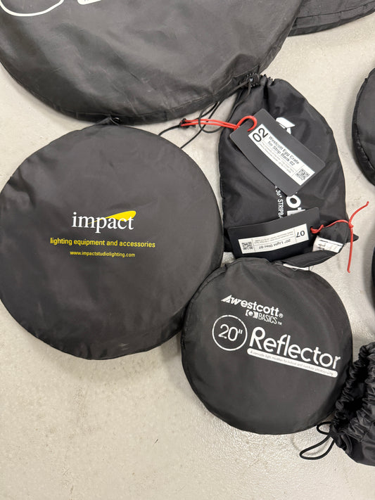 Large lot of light lighting equipment reflector Westcott, impact, calumet, raya