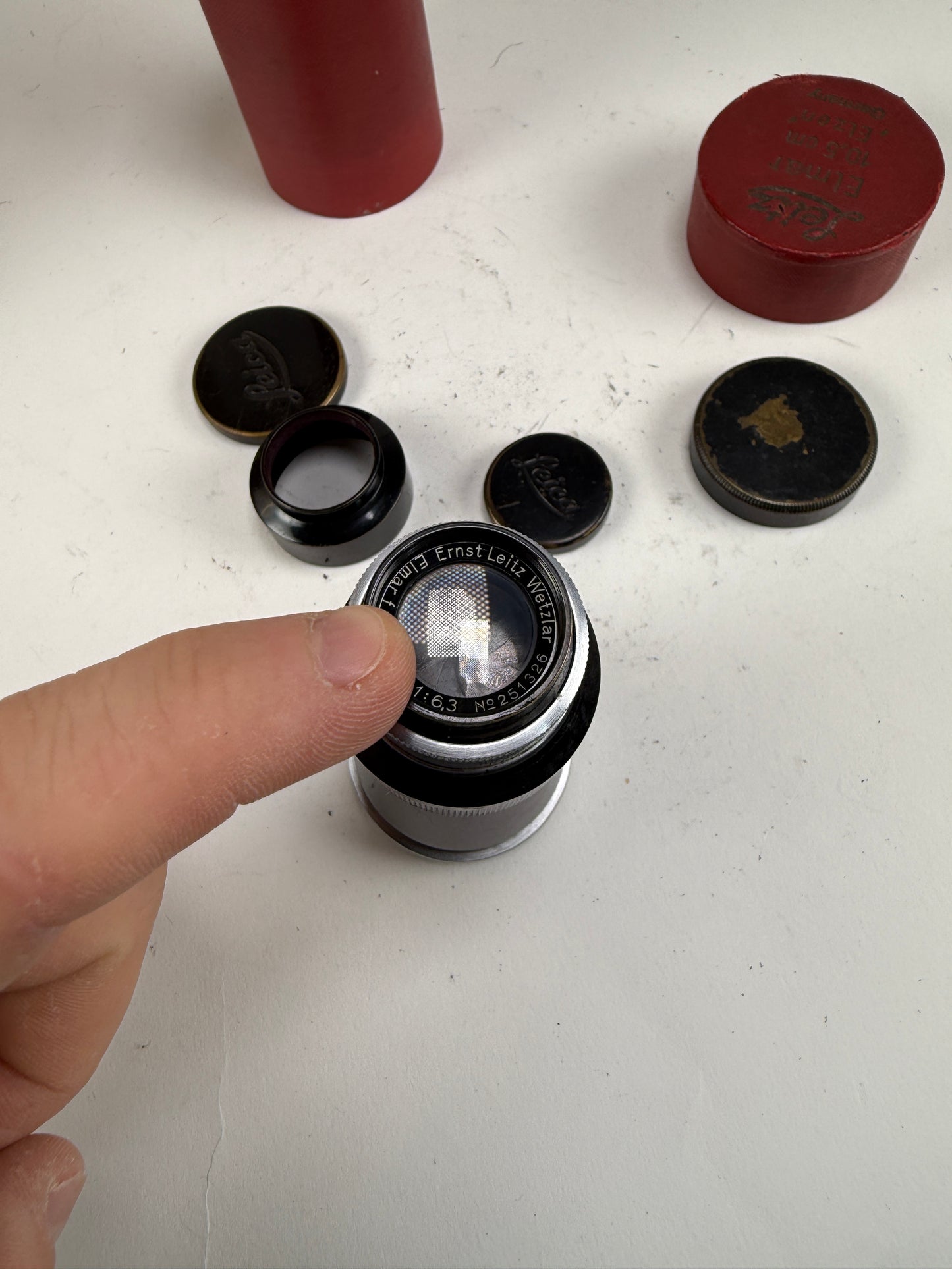 Leica Mountain Elmar 10.5cm F6.3 Nickel Plated SM Lens with Cap & Hood