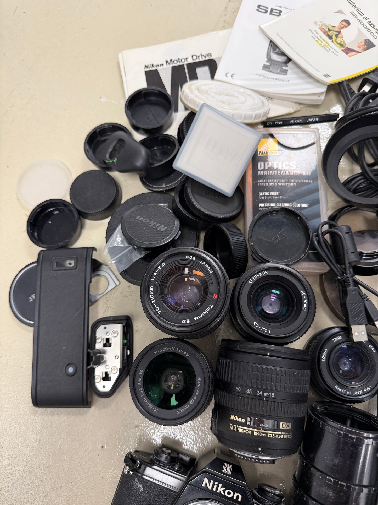 Nikon Film camera equipment lot lens, flash, caps, hood, strap