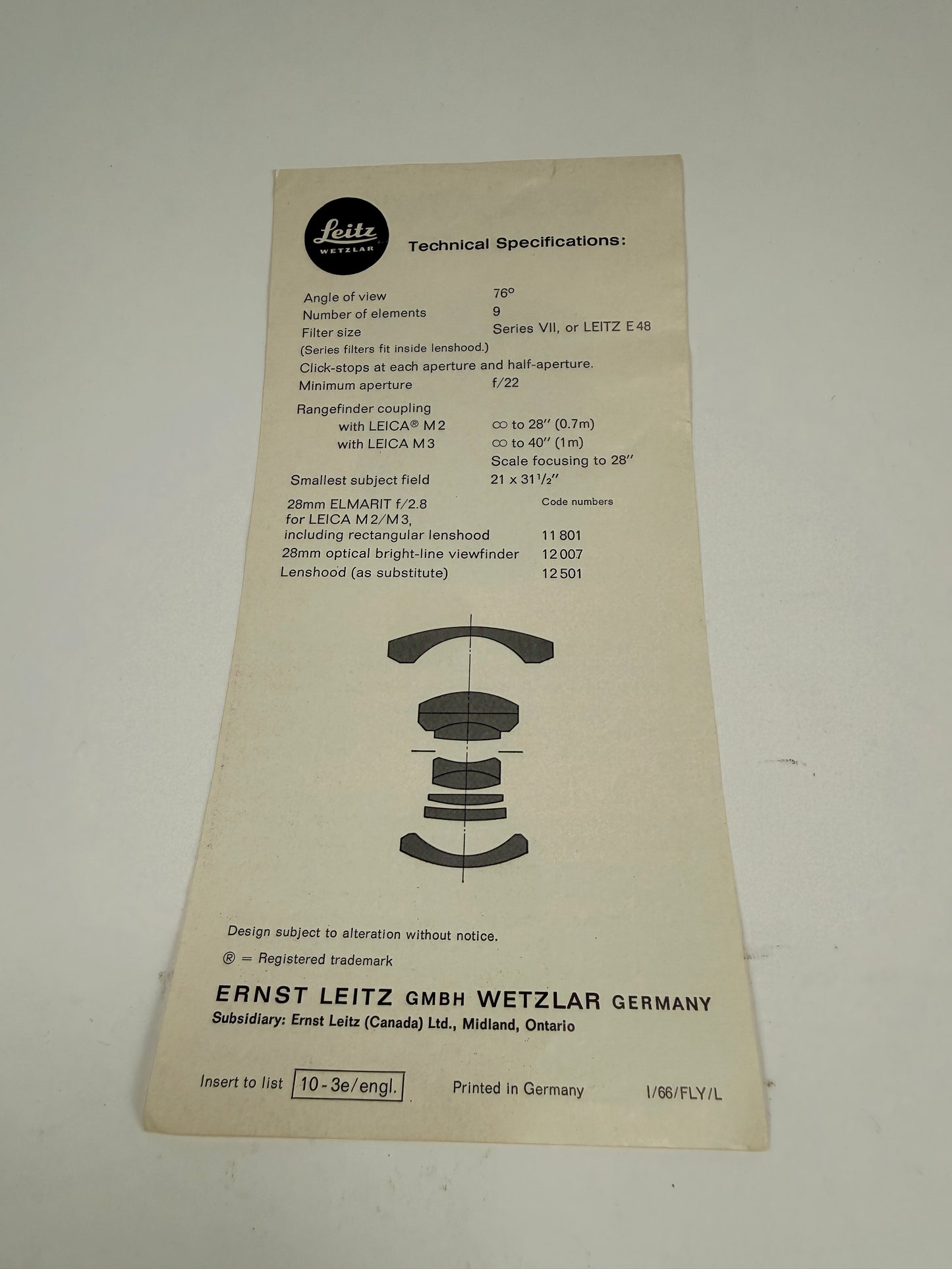 Leica 28mm f2.8 Elmarit V1 9 Element Lens brochure pamphlet RARE 1966