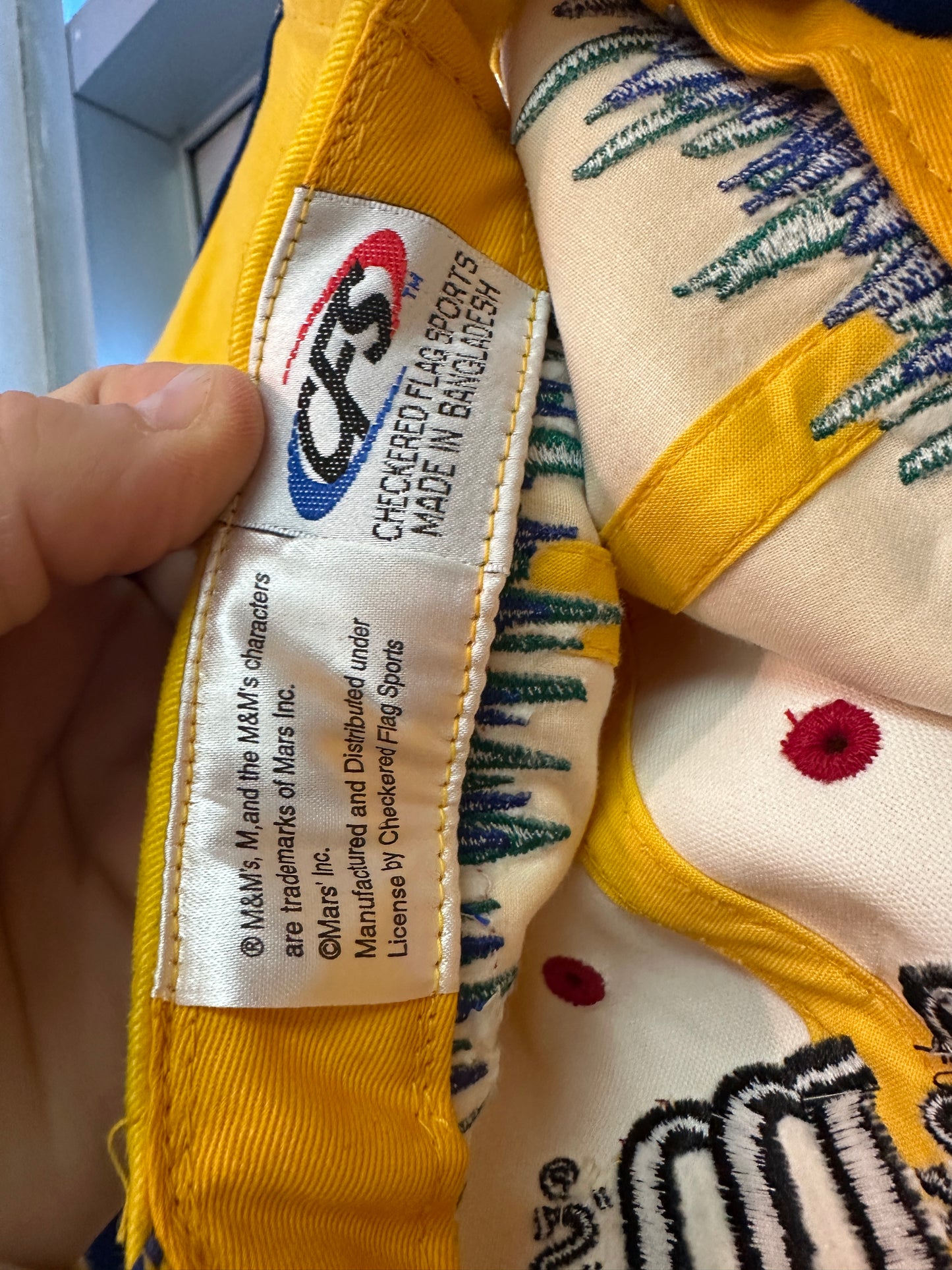 Vintage 1990s JH Design Nascar #38 Yellow & blue M&M Jacket Size Large w/ hat