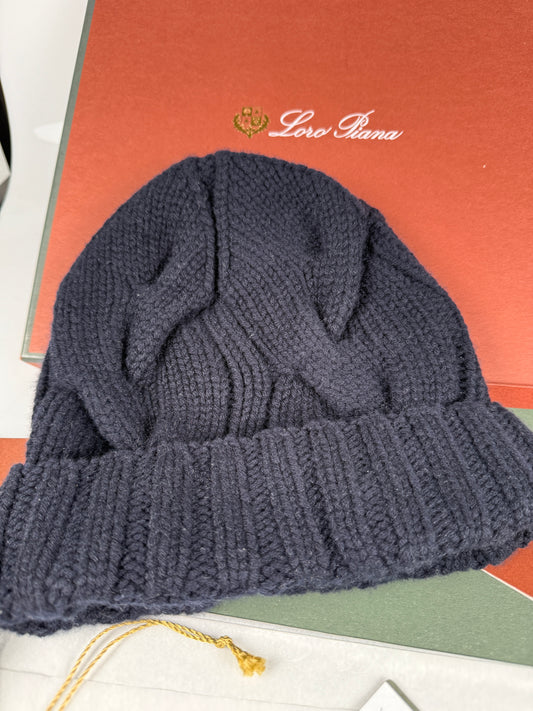 Loro Piana Baby Cashmere Cable Knit Beanie Hat, Navy Blue, One Size with shadow fox pompon
