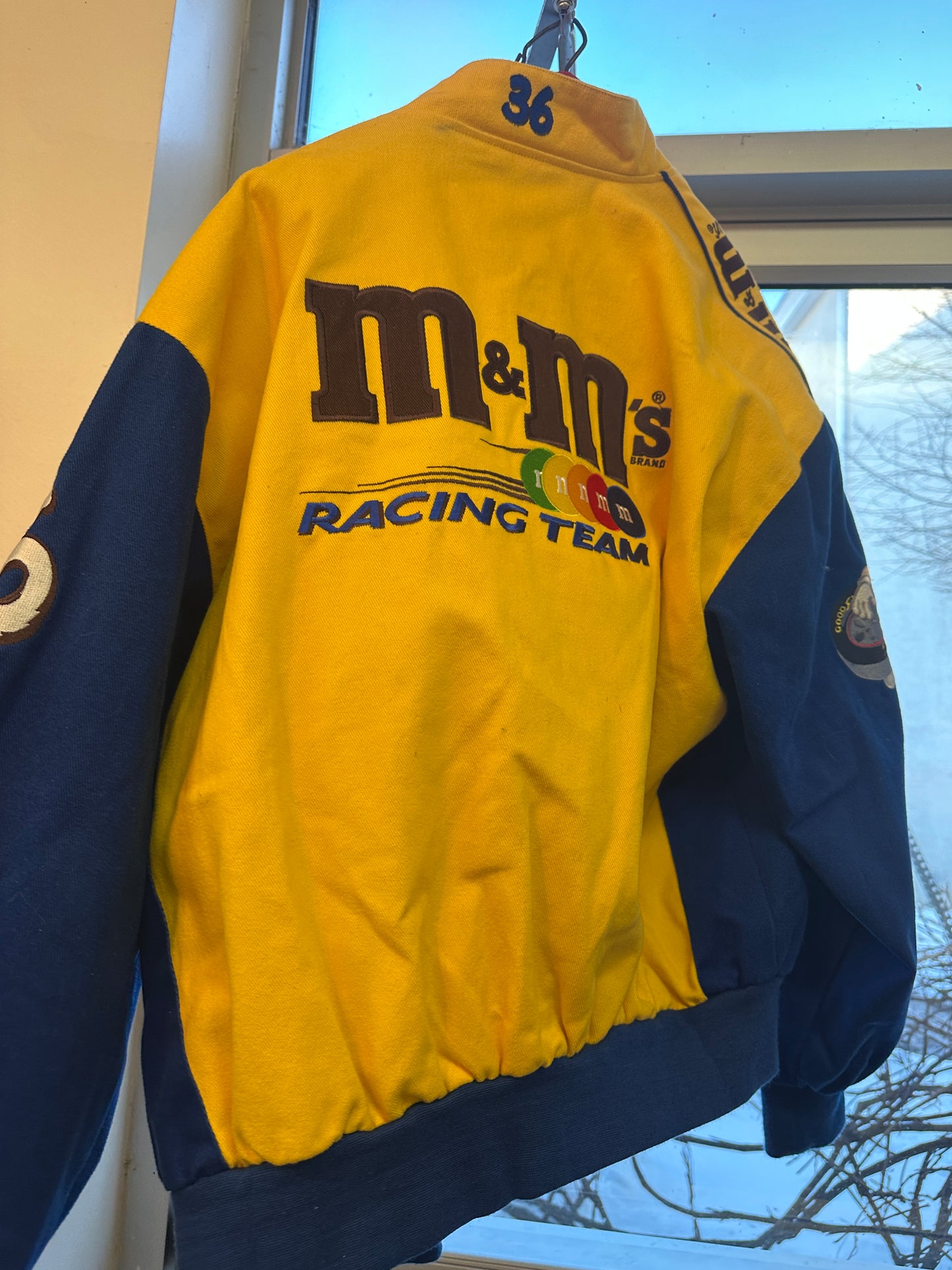 Vintage 1990s JH Design Nascar #38 Yellow & blue M&M Jacket Size Large w/ hat