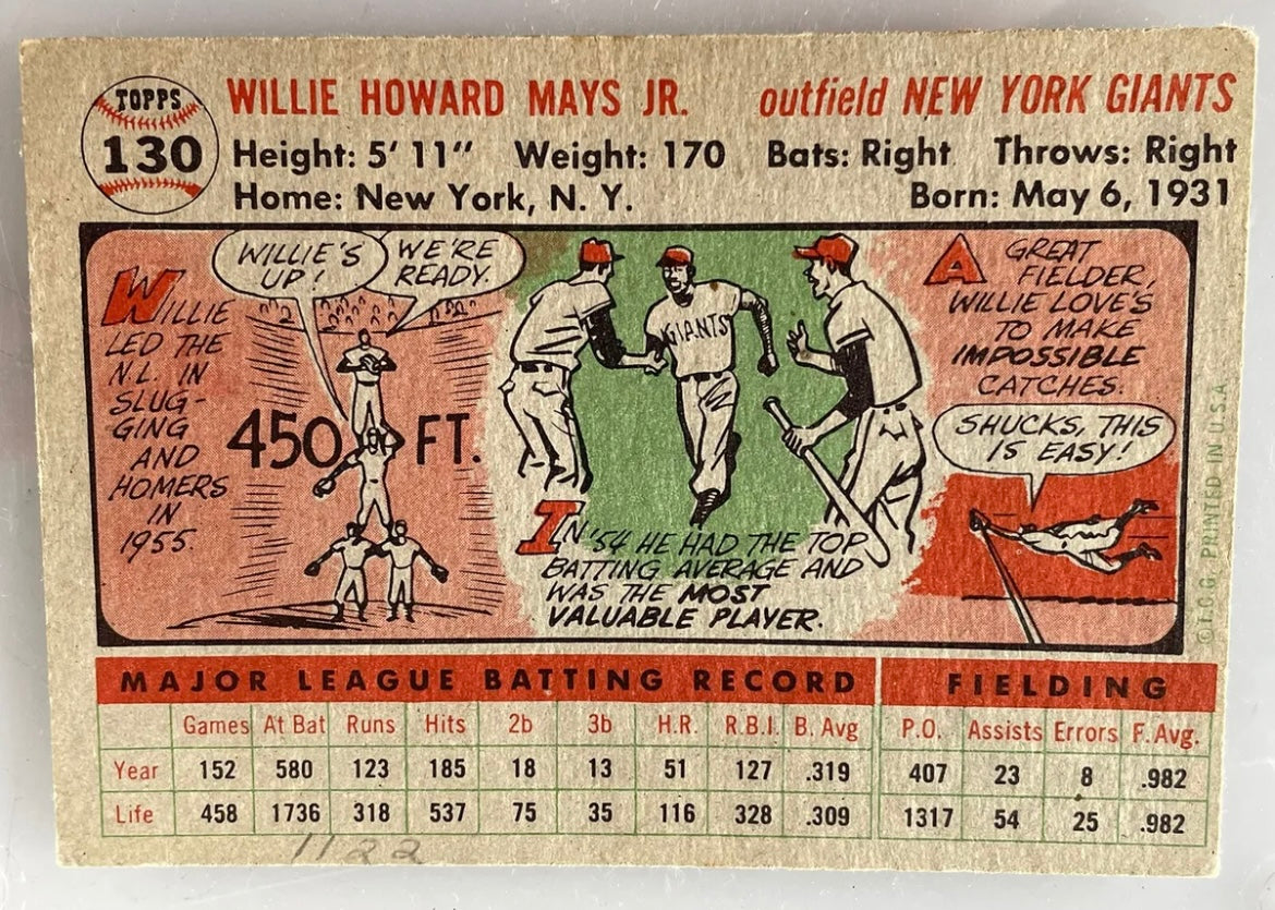 1956 TOPPS #130 WILLIE MAYS GIANTS NICE! VG