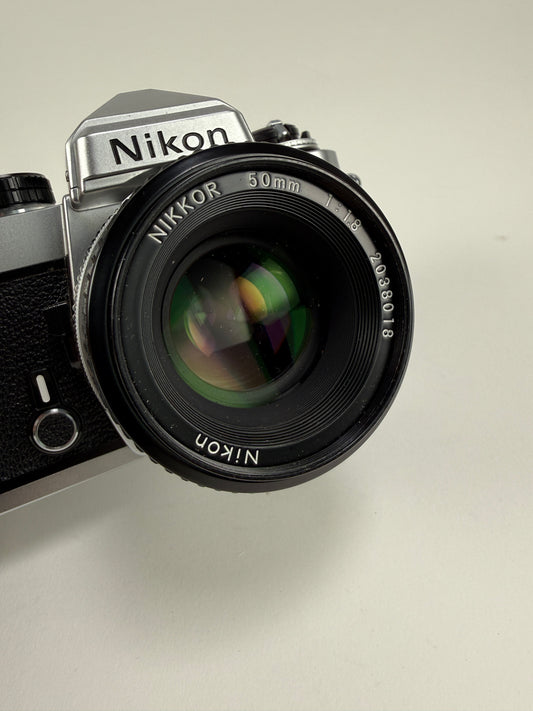 Nikon FE Chrome 35mm SLR Film Camera Body w/ 50mm f1.8 ai