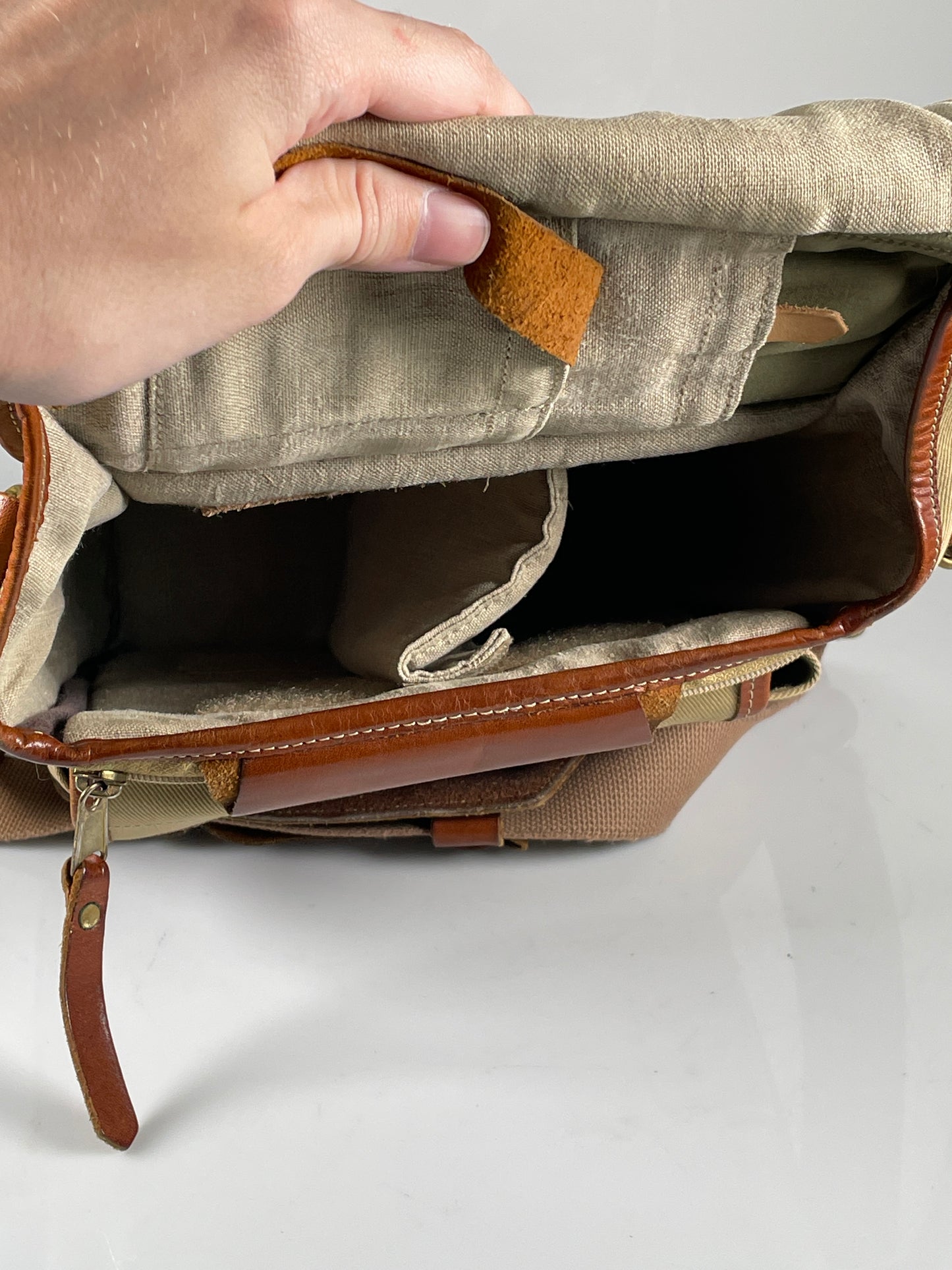 Fogg Jazz Camera Bag Satchel khaki tan Fabric & brown leather