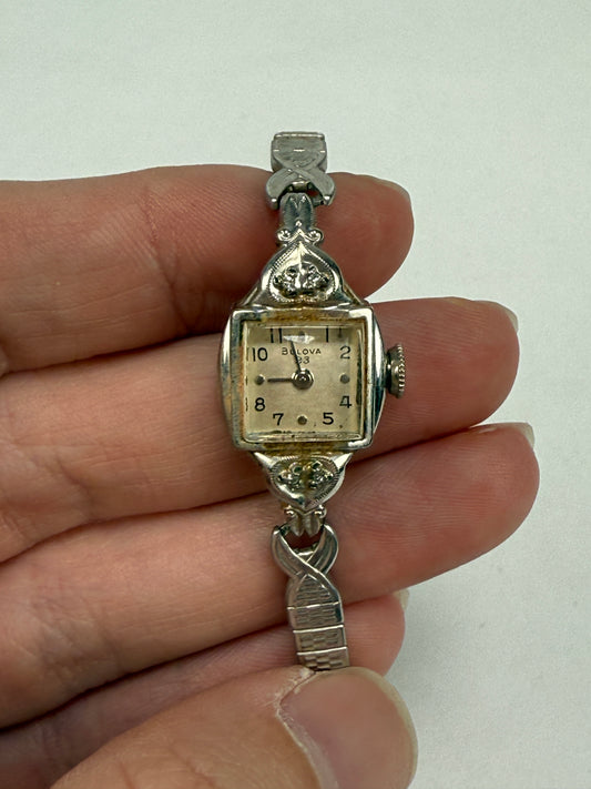 Vintage Ladies BULOVA 23 Diamonds 10K RGP Watch white rolled gold plate