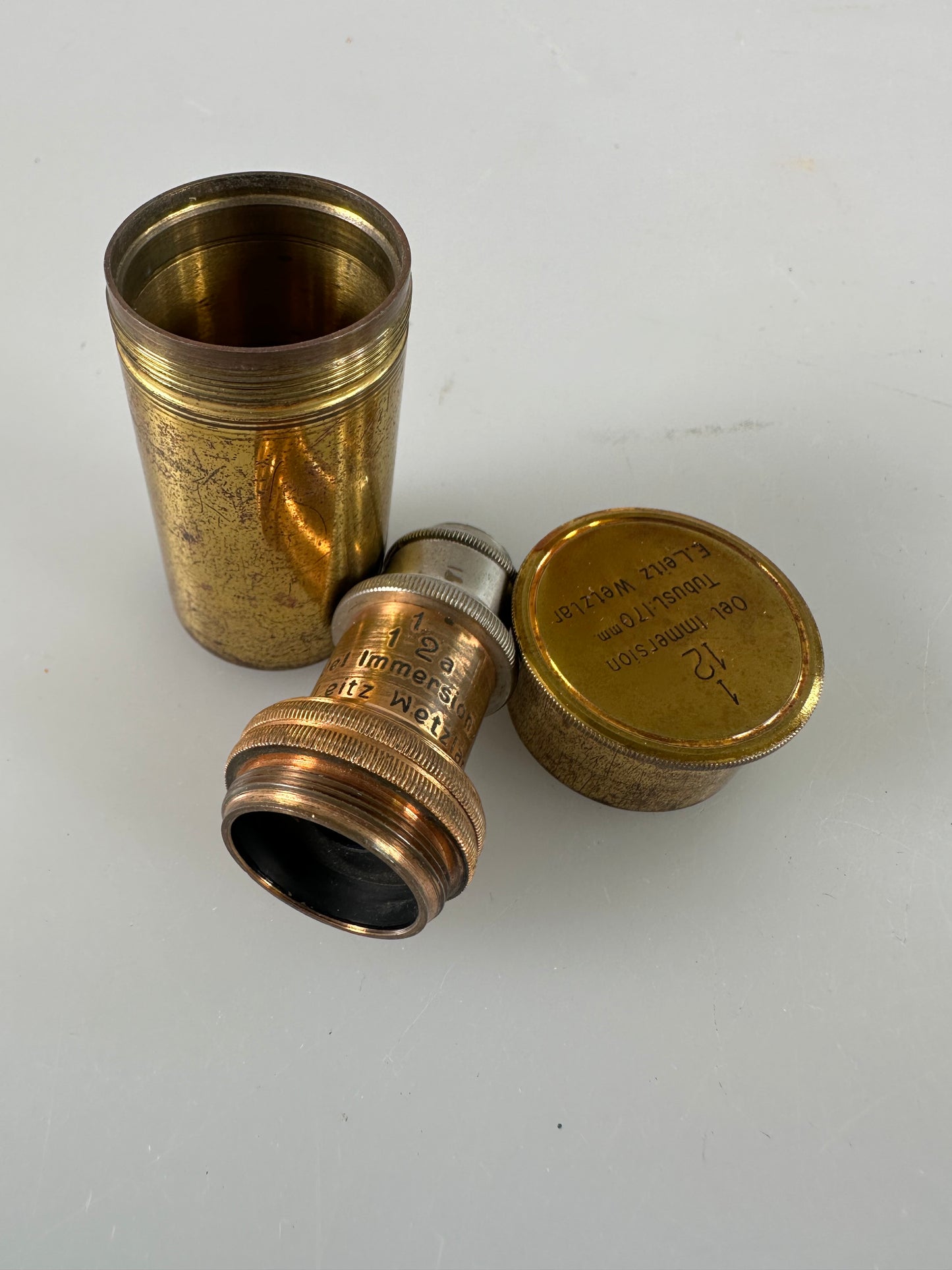 Leica LEITZ Wetzlar Brass Microscope lens OBJECTIVE 1 12a OEL immersion