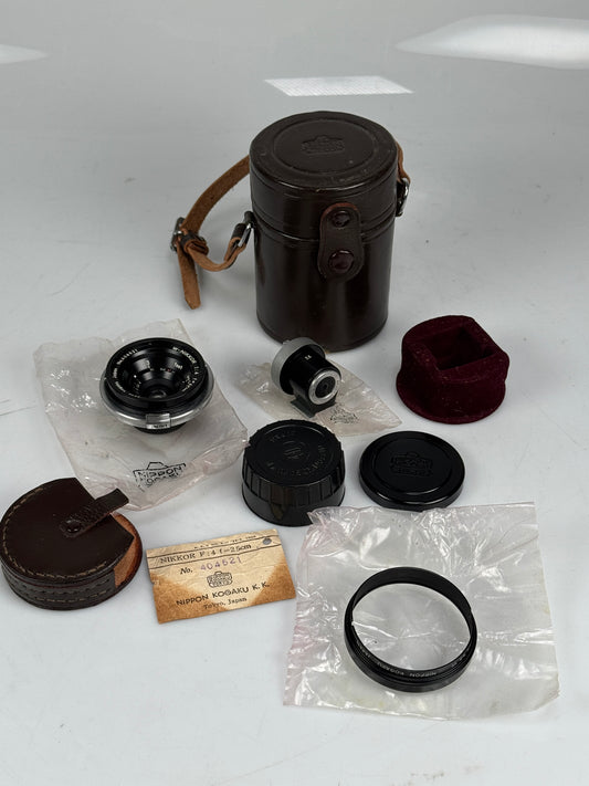Nikon Nippon Kogaku W-Nikkor Black 2.5cm 25mm F4 Lens S Mount w/ case, finder, hood, etc