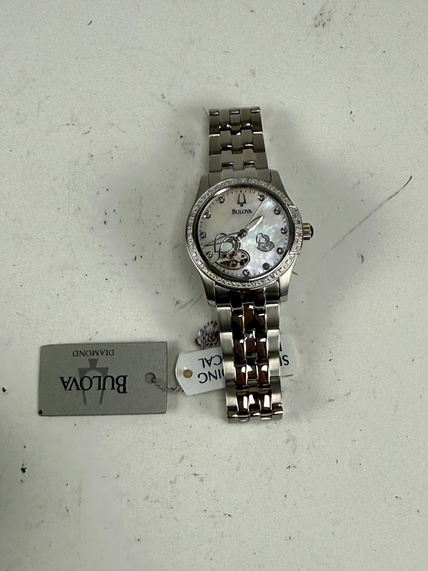 Bulova Ladies Skeleton Open Heart Mother of Pearl 44 Diamond Watch 21 Jewels NOS