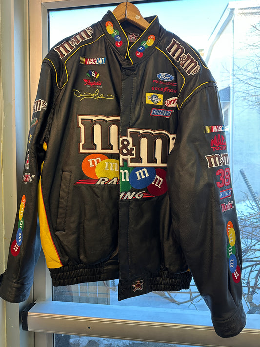 Vintage 1990s JH Design Leather Nascar #38 Black M&M Jacket Size Large