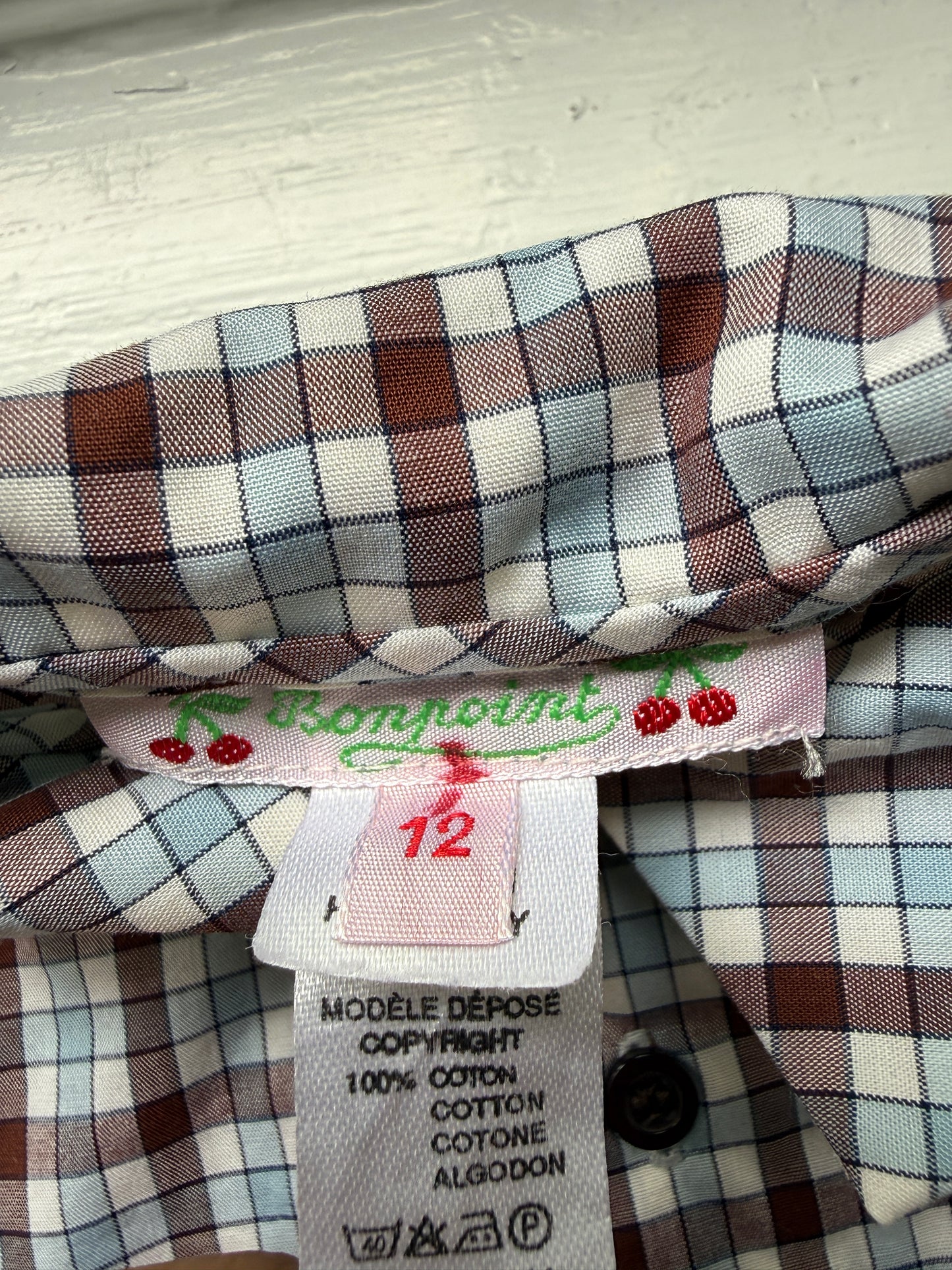 Bonpoint Unisex Baby Shirt Brown blue 12M 12 Months Long Sleeve Check Plaid