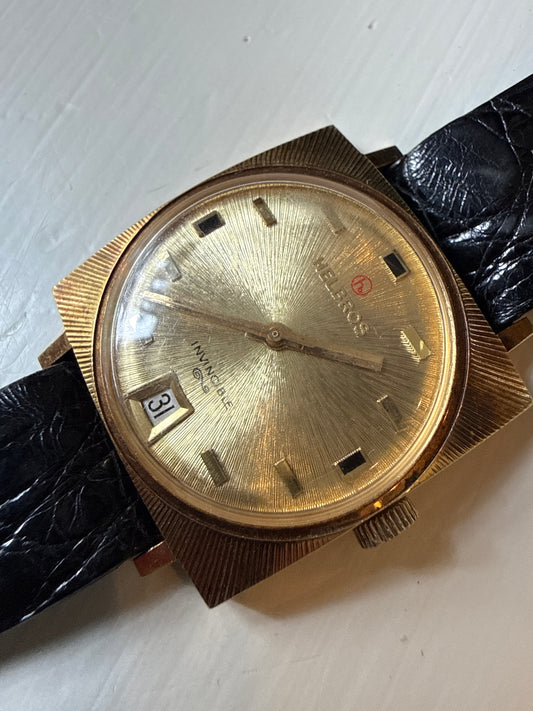 Vintage Helbros Invincible Date 17 Jewel Gold Sunburst Dial & Case Men’s Watch