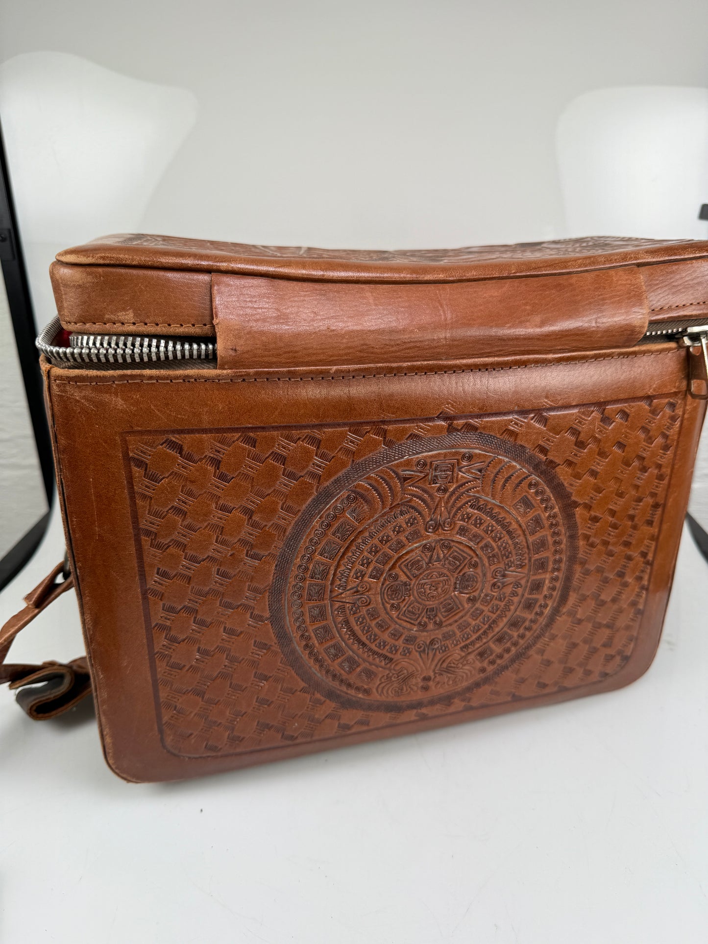 Vintage Genuine Brown Leather Camera Case Bag Mayan chichen Itza Mexico