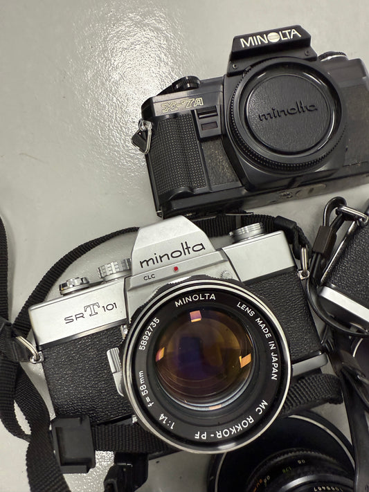 Minolta Film camera equipment lot lens, 135mm, 100mm f2.5, 58mm, 50mm, SRT