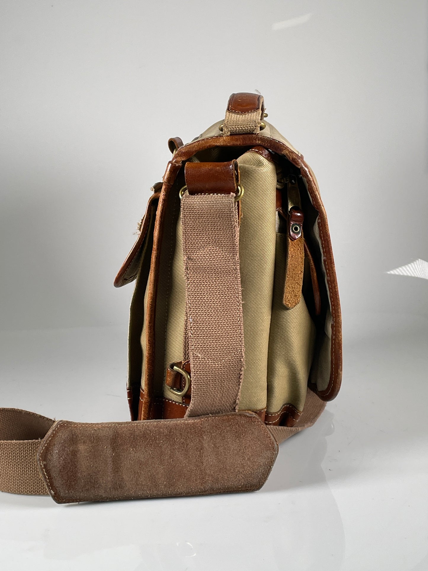 Fogg Jazz Camera Bag Satchel khaki tan Fabric & brown leather