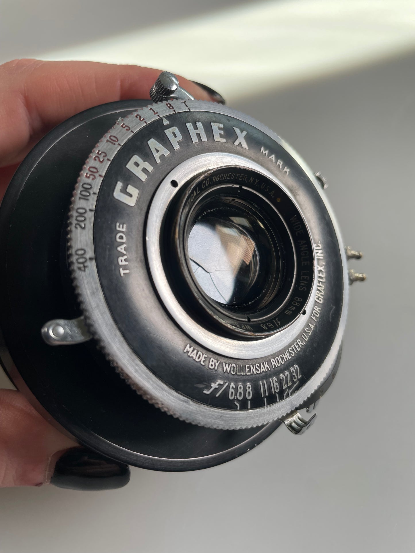 Bausch & Lomb 88mm f6.8 4x5 WA lens, Graflex (Wollensak) Graphex shutter