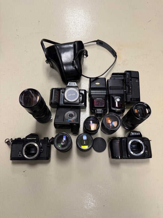 Nikon Film camera equipment lot lens, flash, case