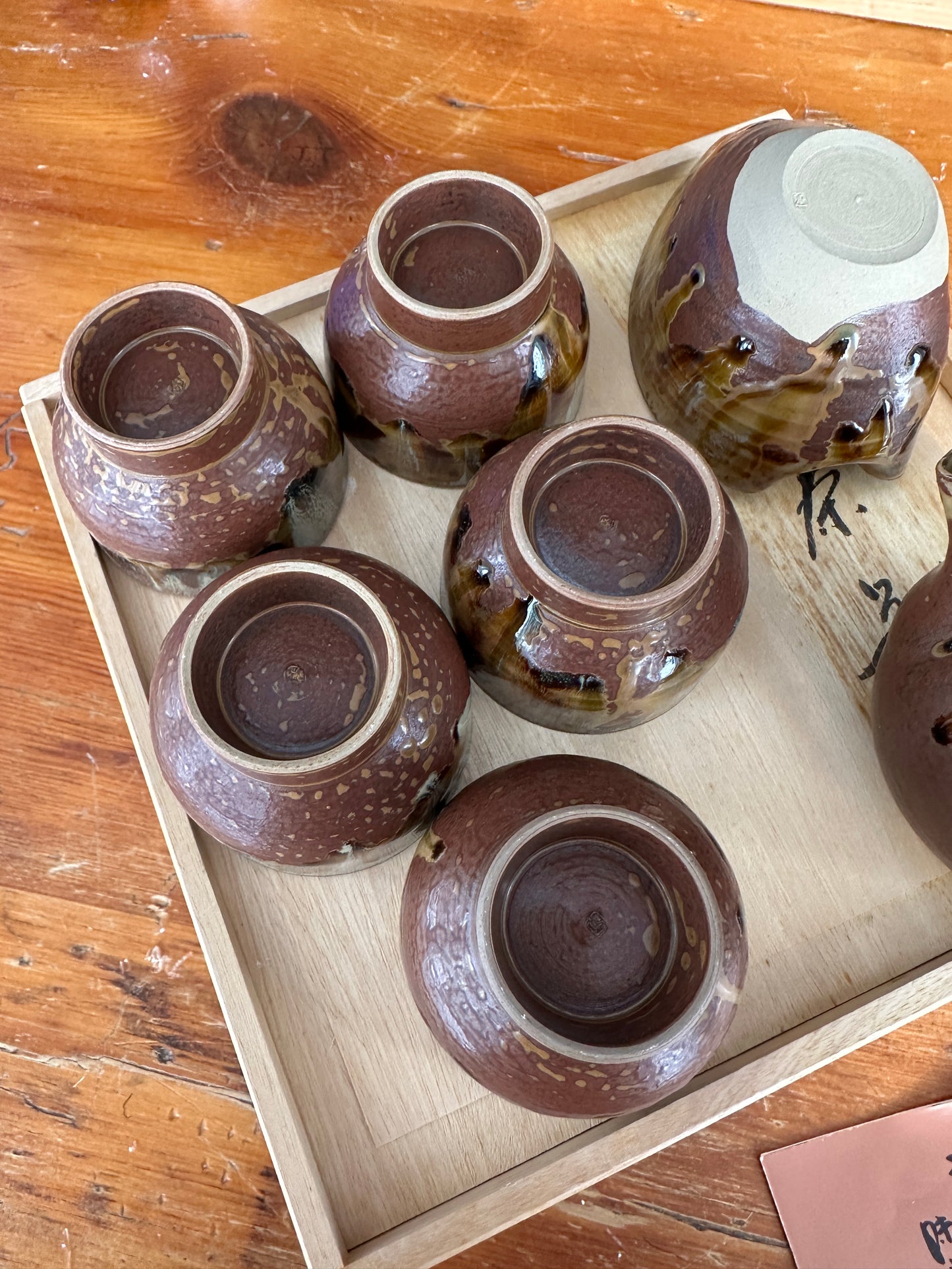 Vintage Takatori Yaki Japanese pottery tea pot and cup set Miraku Kamei