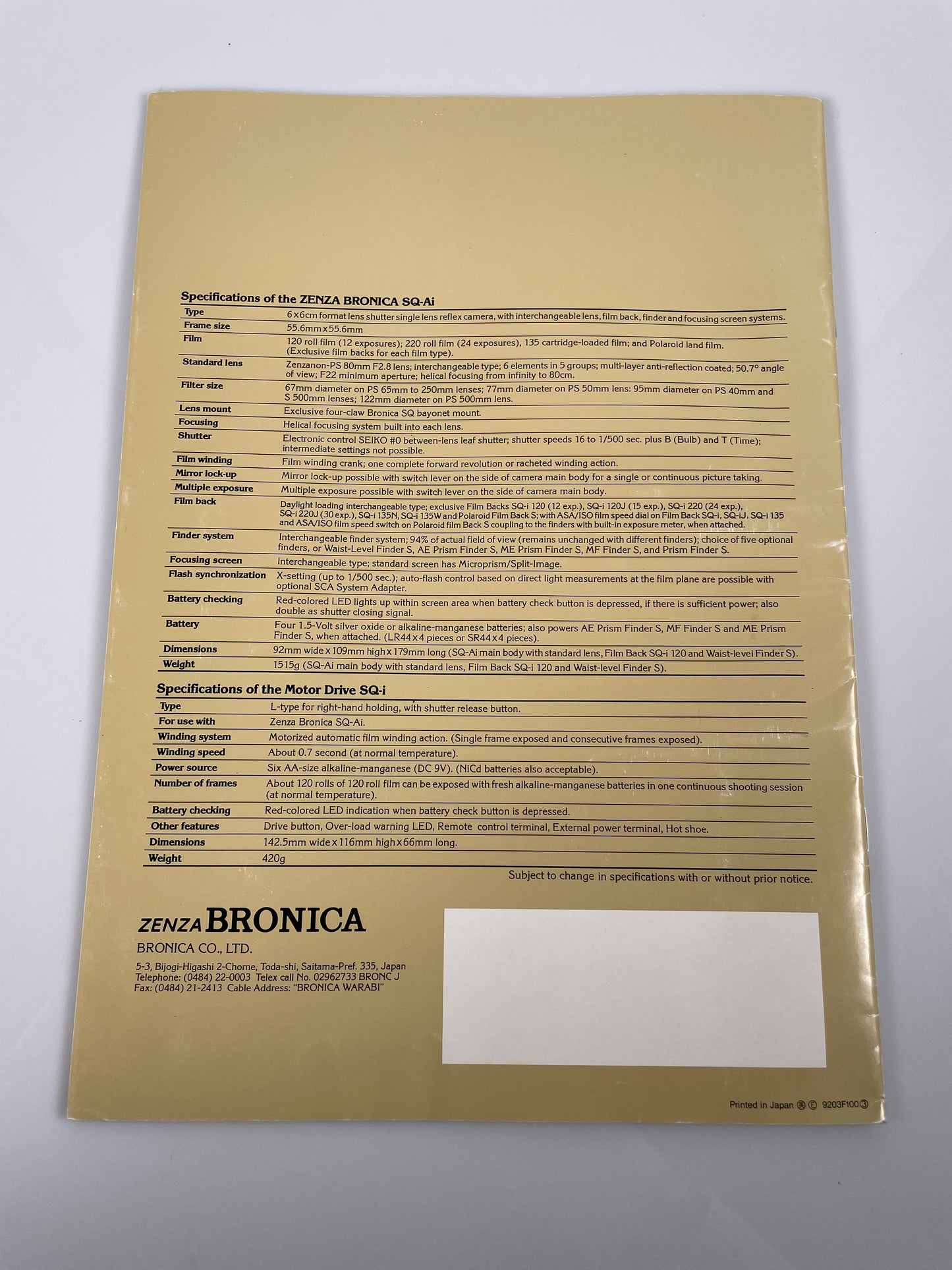 Bronica SQ AI Camera Sales Brochure Pamphlet instruction manual