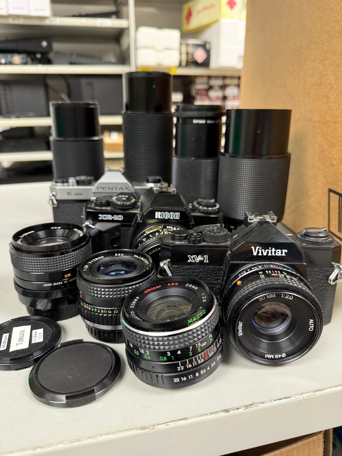 Pentax K mount Film camera equipment lot lens, Ricoh, Vivitar