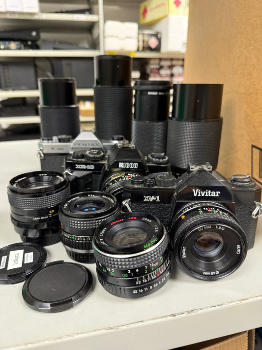 Pentax K mount Film camera equipment lot lens, Ricoh, Vivitar