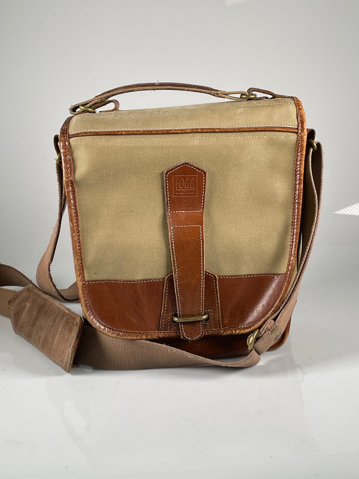 Fogg Jazz Camera Bag Satchel khaki tan Fabric & brown leather