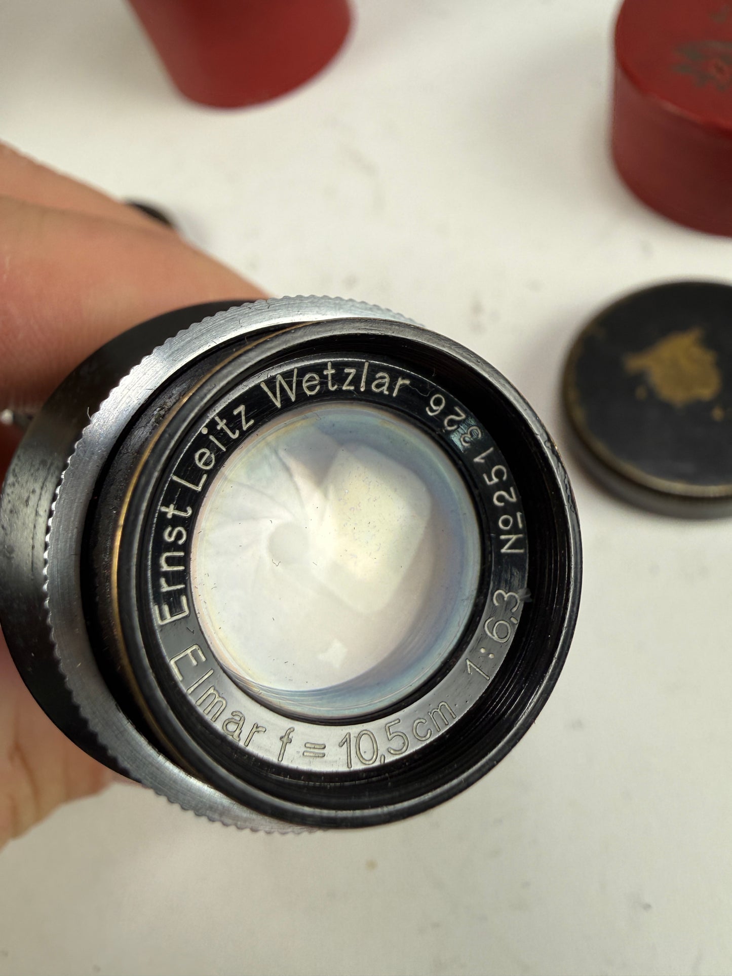 Leica Mountain Elmar 10.5cm F6.3 Nickel Plated SM Lens with Cap & Hood