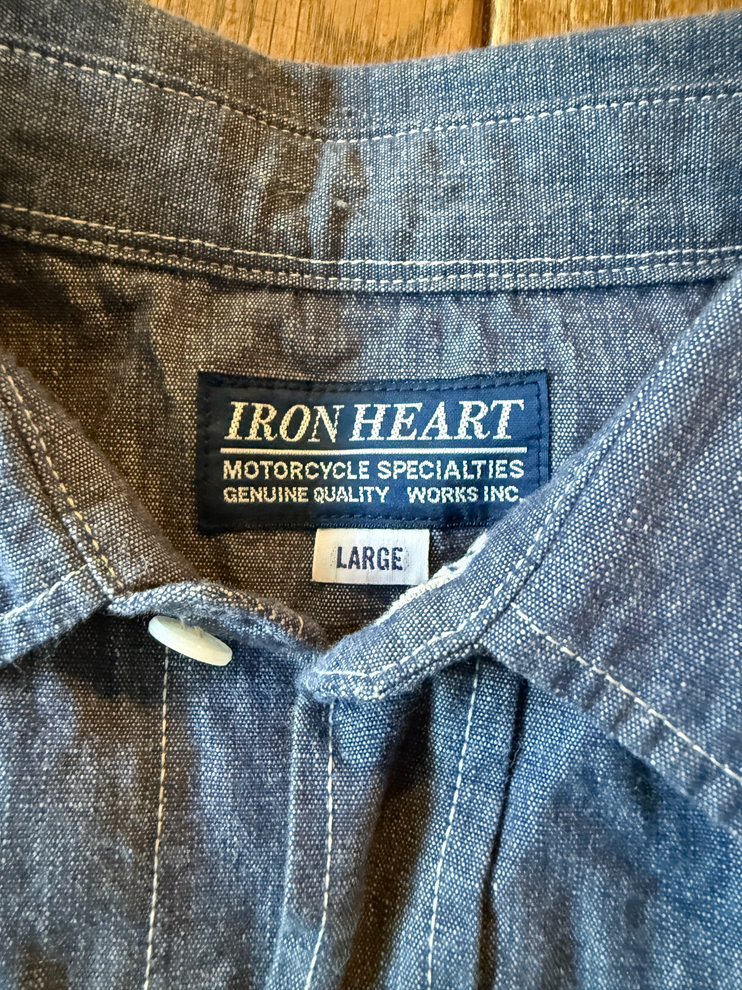 Authentic IRON HEART Indigo Cotton Chambray Work Shirt L Japan
