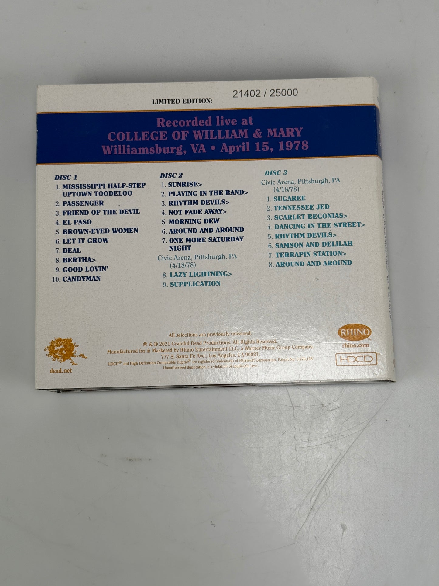 GRATEFUL DEAD Dave's Picks Vol 37 4/15/78 Williamsburg, VA