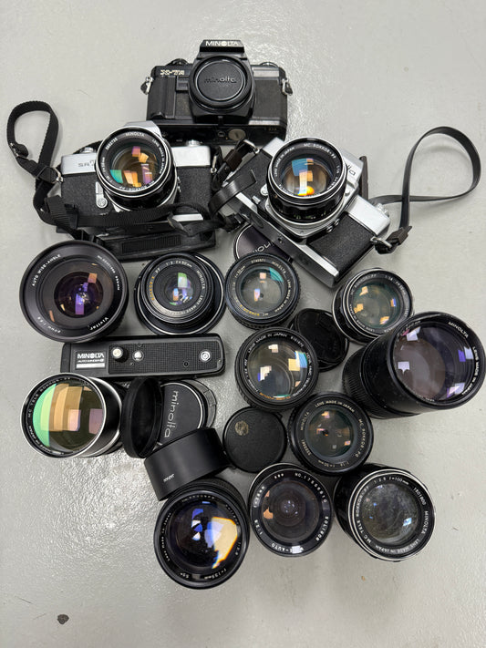 Minolta Film camera equipment lot lens, 135mm, 100mm f2.5, 58mm, 50mm, SRT