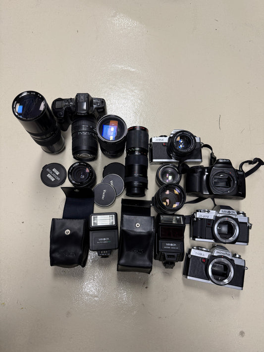 Minolta Film camera MF and AF equipment lot lens, flash