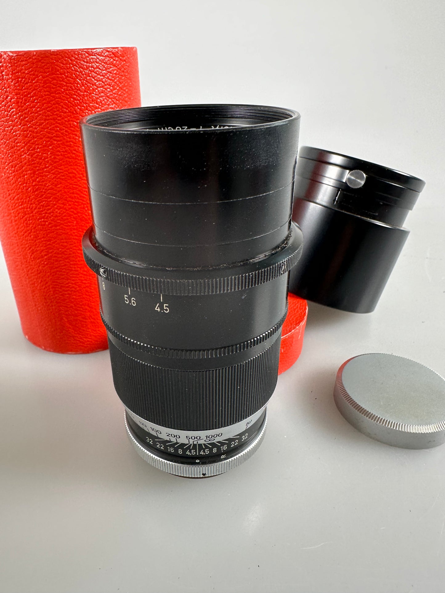 Leica 20cm F4.5 Telyt Ernst Leitz Wetzlar 200mm LTM Screw Mount Visoflex Lens with hood