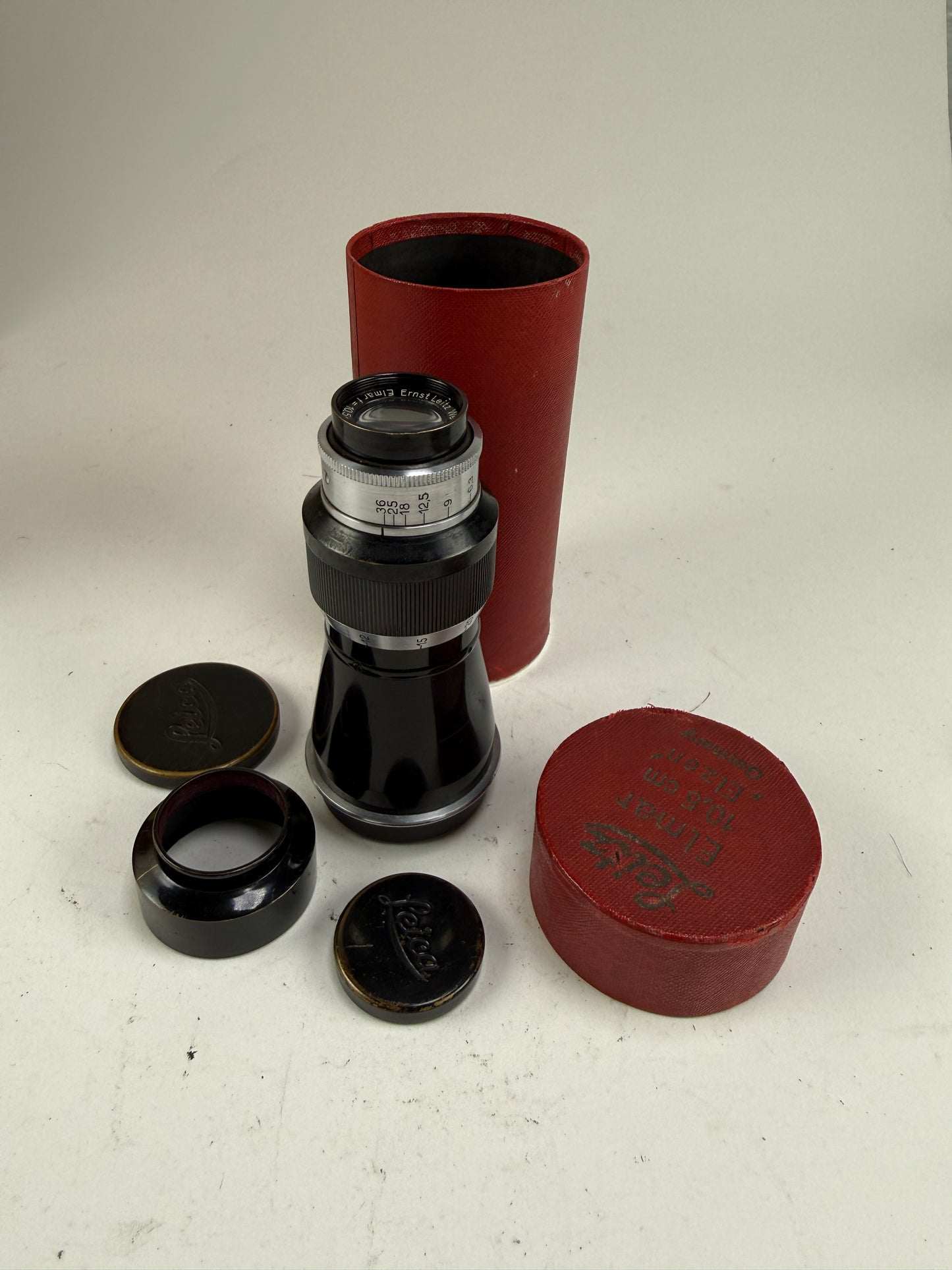 Leica Mountain Elmar 10.5cm F6.3 Nickel Plated SM Lens with Cap & Hood