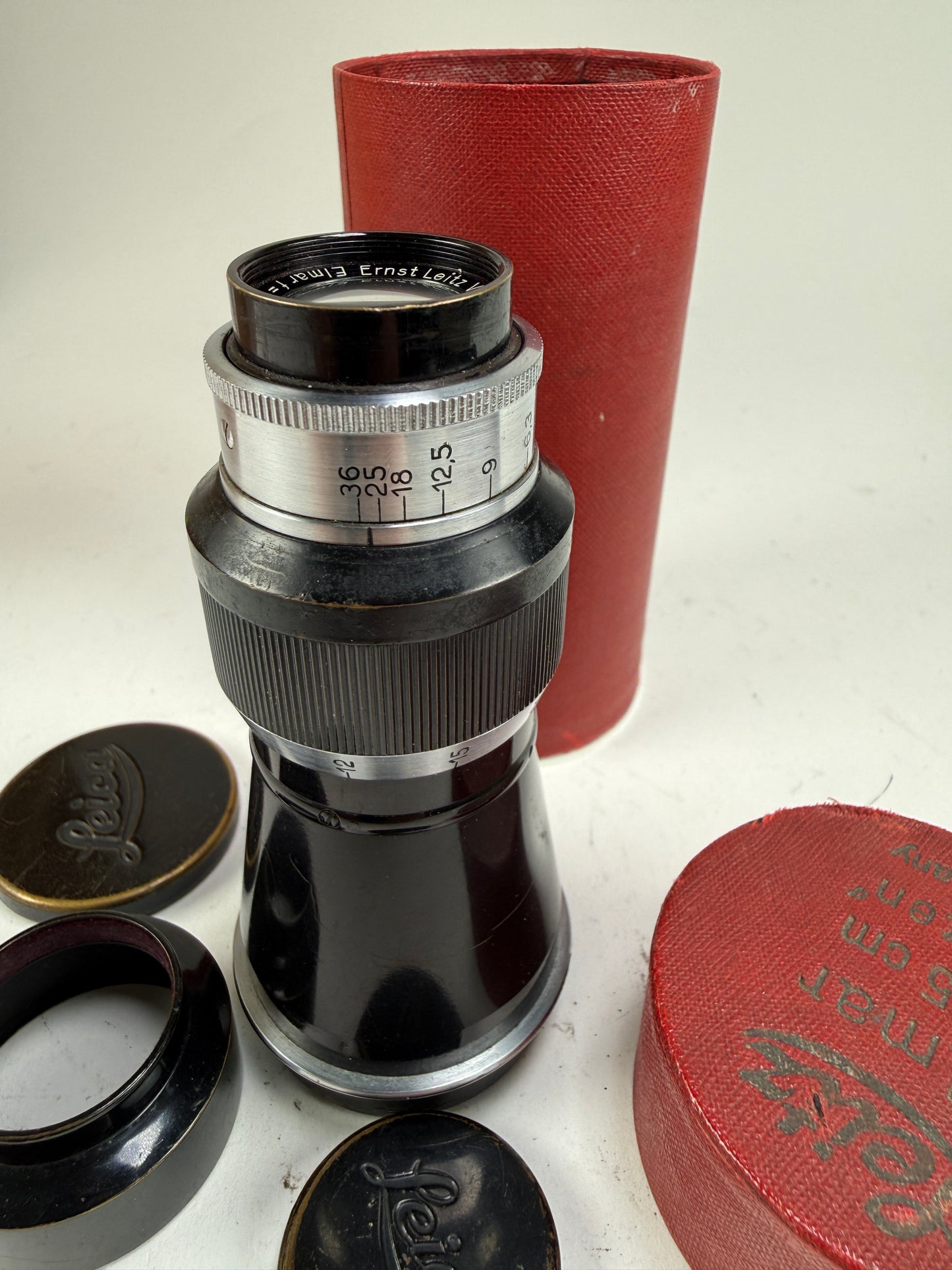 Leica Mountain Elmar 10.5cm F6.3 Nickel Plated SM Lens with Cap & Hood