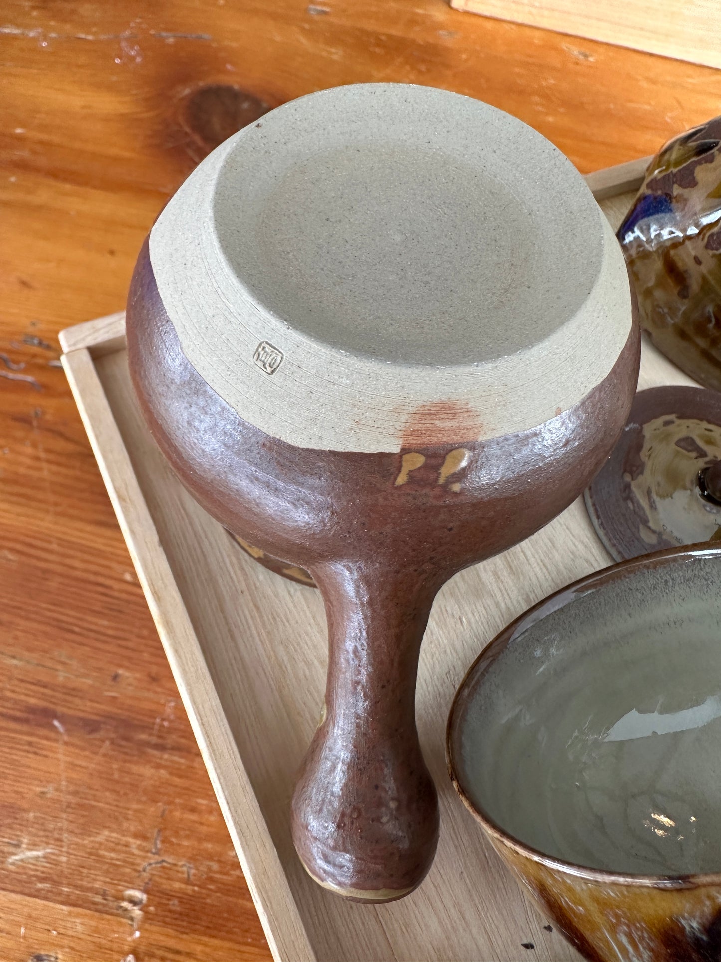 Vintage Takatori Yaki Japanese pottery tea pot and cup set Miraku Kamei