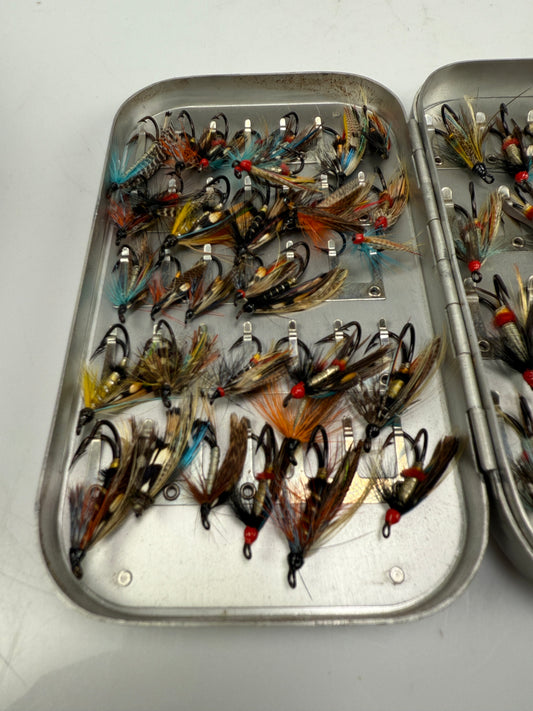 Richard Wheatley Silmalloy Aluminum Fly Box with vintage Salmon flies