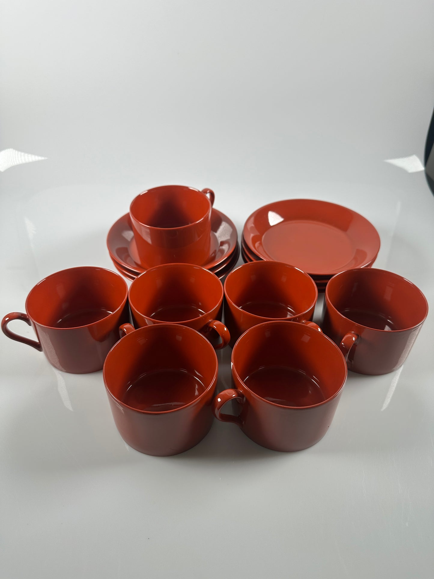 Vintage Fitz & Floyd orange Porcelain Flat Cups with Saucers set of 7