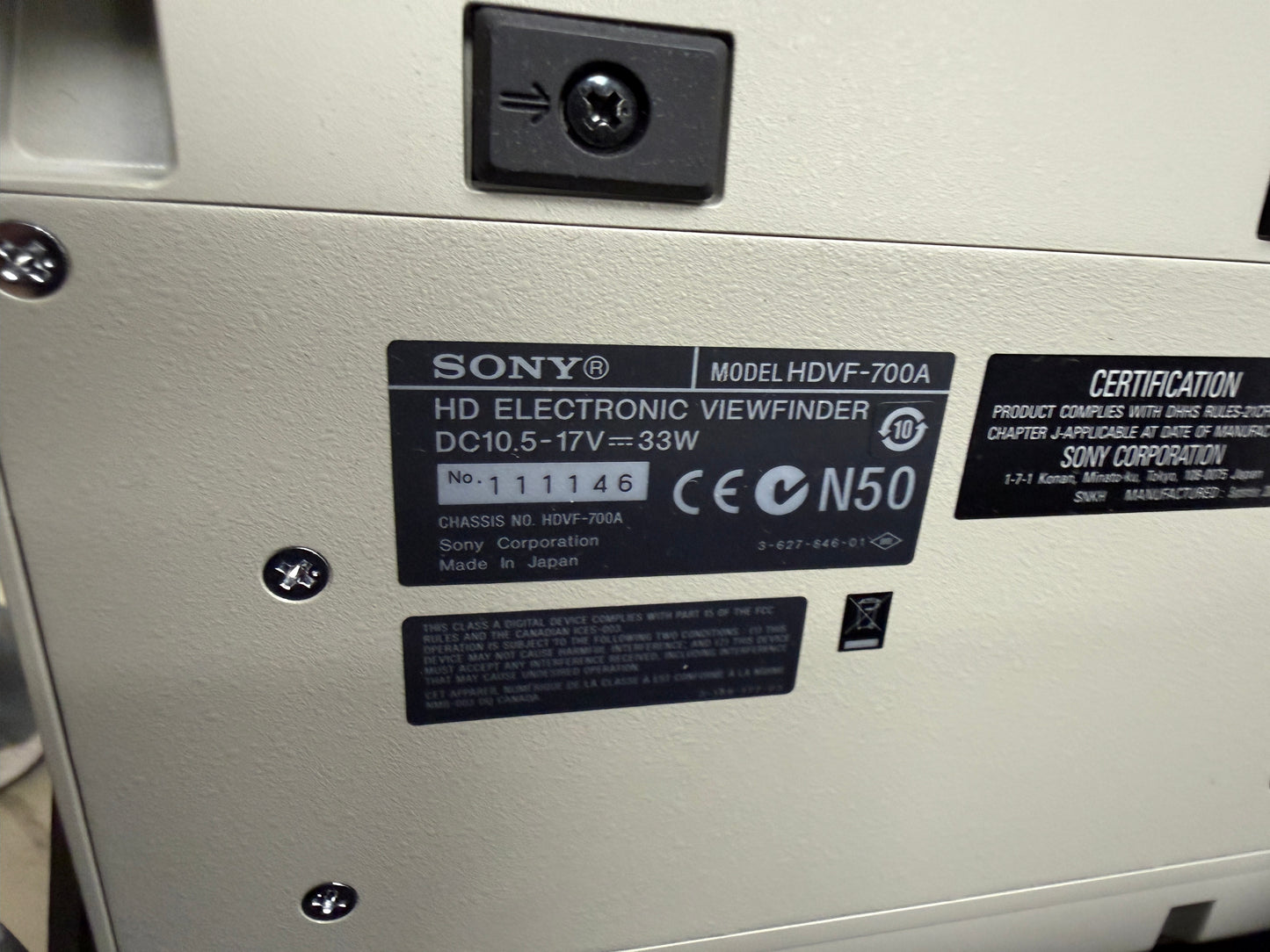 Sony HDVF-700A 7" Black & White HD Electronic Viewfinder